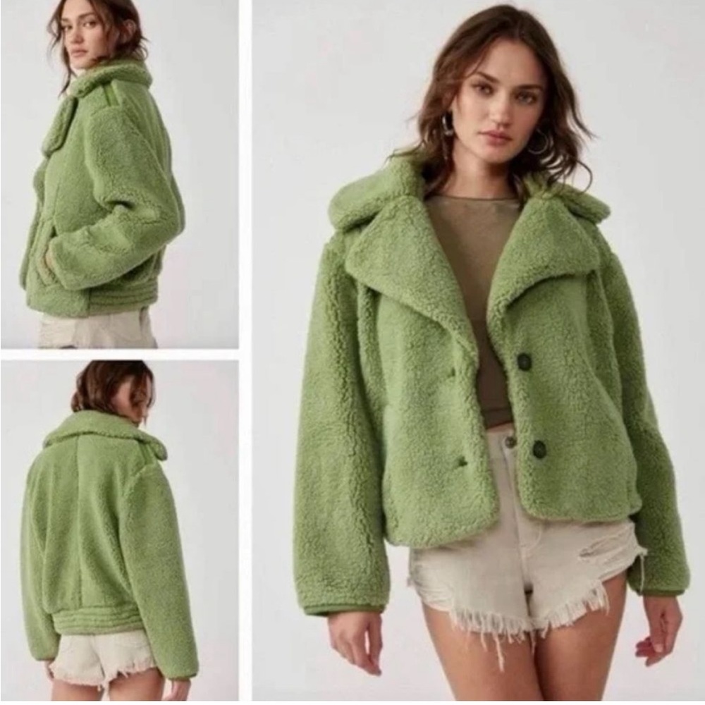Free People Joplin Cozy Jacket Faux Fur Sherpa Fleece Pistachio Green NWT Size S